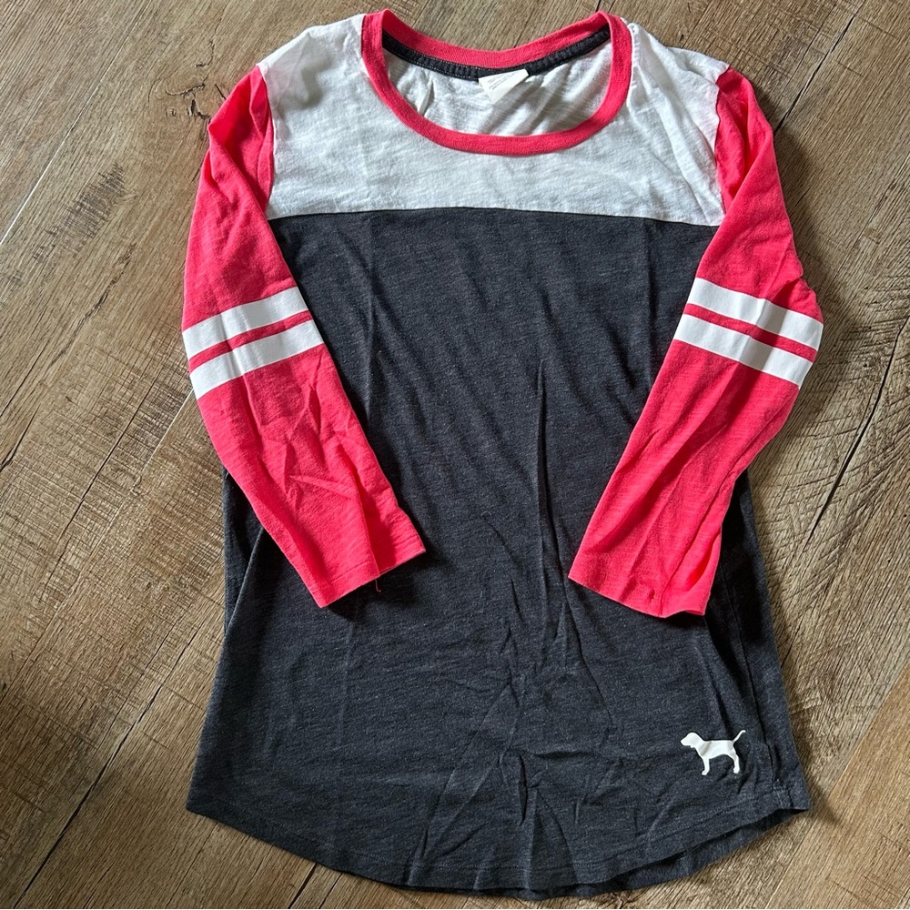 PINK Victoria's Secret Vintage Dark Gray and Pink 3/4 Sleeve Tee
